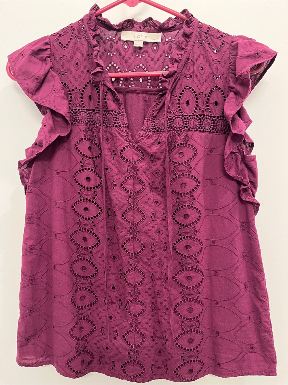 LOFT Magenta Eyelet Ruffle Tank Top
